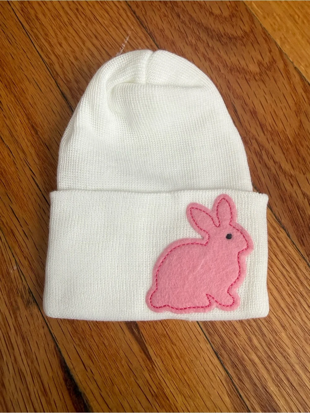 White Kids Beanie with Pink Bunny Patch